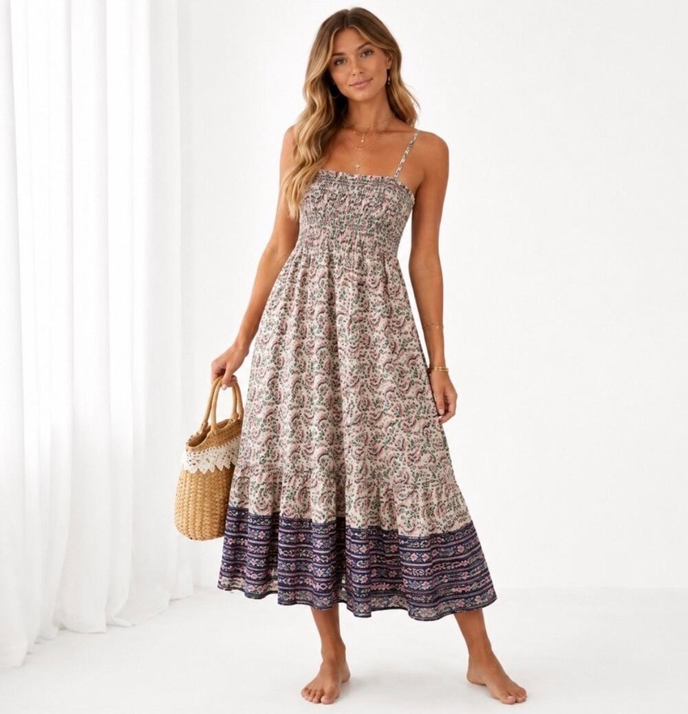 NATURAL LIFE Pink Green Paisley Maxi Dress with Navy Border